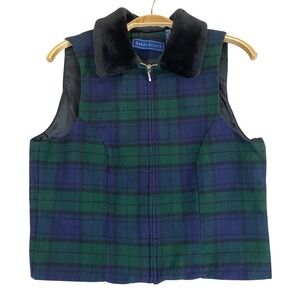 Karen Scott Women Plaid Vest Faux Fur Collar M Green Blue Academia Old Money